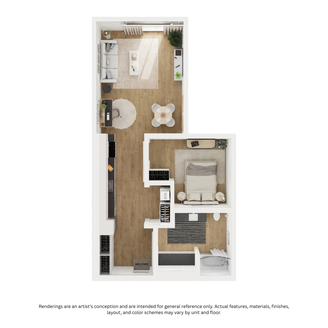 Floor plan for 1 bed, 1 bath, 601 sqft